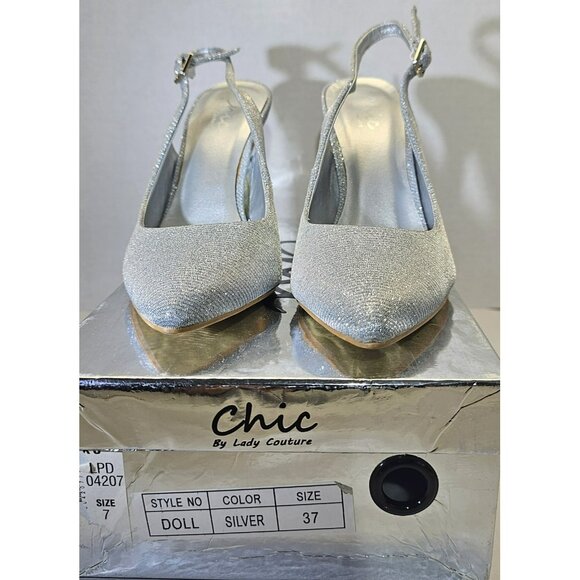 Chic By Lady Couture Doll Silver Shimmer Pointed Toe Slingback Kitten Heels Sz7 - Picture 16 of 16